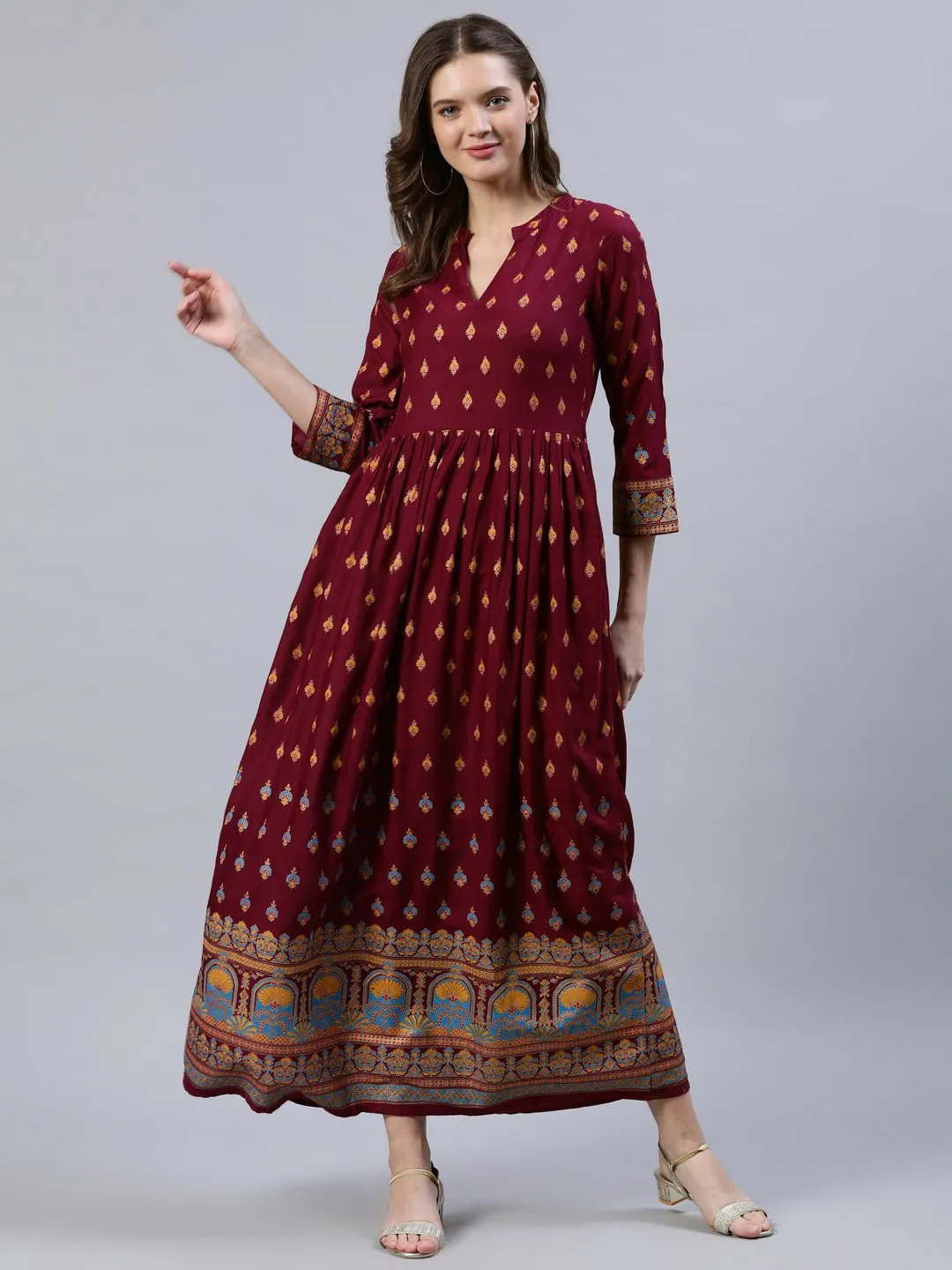 Women Burgundy Printed Dress With Three Quarter Sleeves