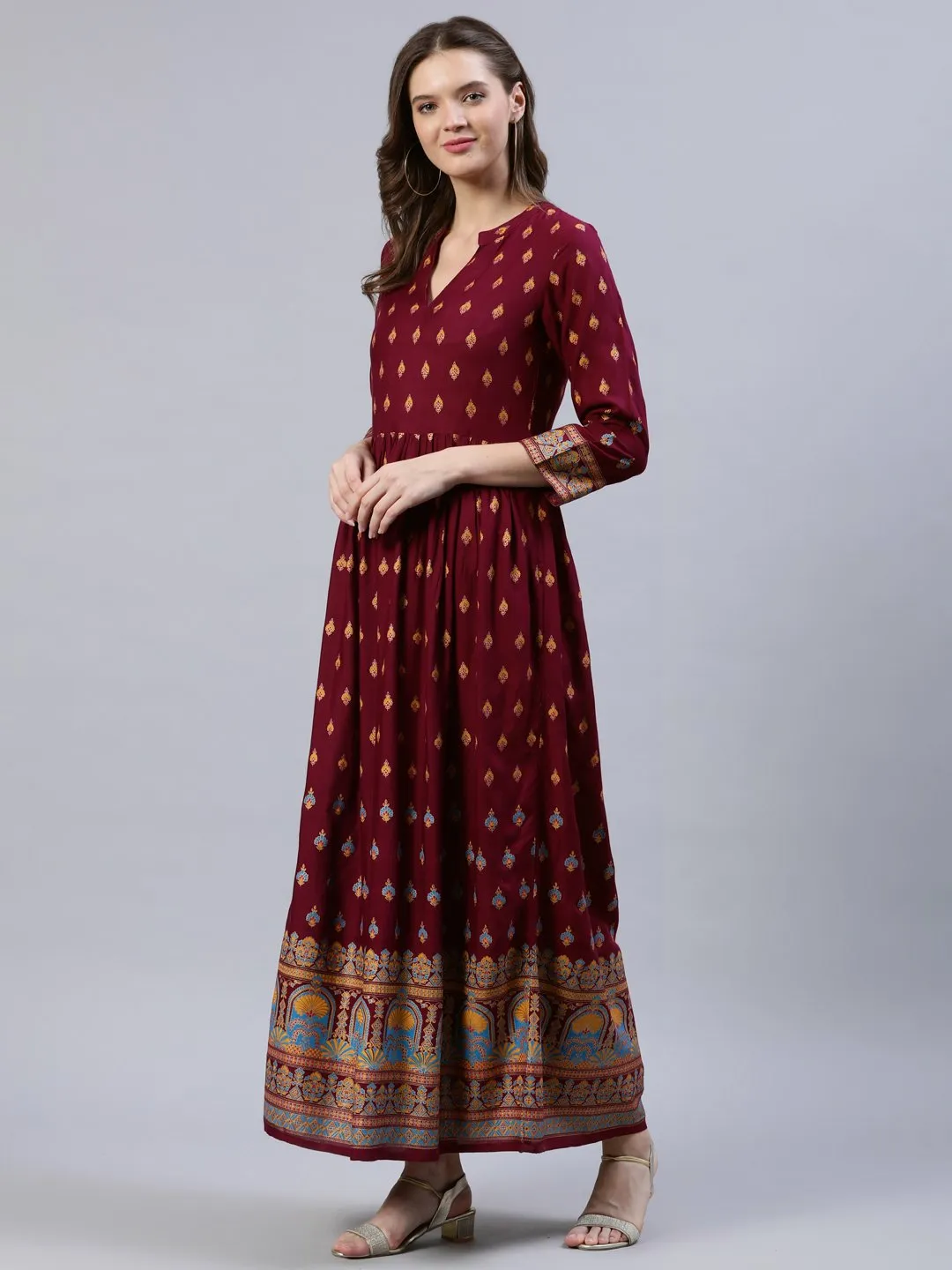 Women Burgundy Printed Dress With Three Quarter Sleeves