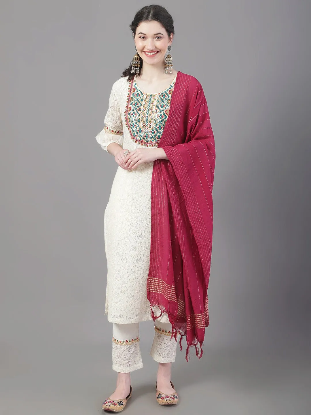 Women Ethnic Motifs Yoke Design Thread Work Pure Cotton Kurta With Trousers & Dupatta