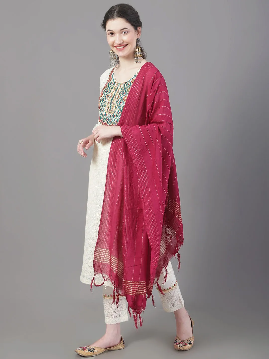 Women Ethnic Motifs Yoke Design Thread Work Pure Cotton Kurta With Trousers & Dupatta