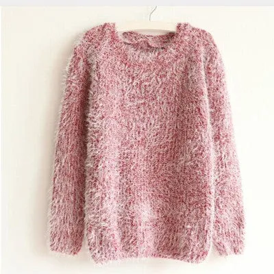 Women Fashion Autumn Winter Warm Mohair O-Neck Women Pullover Long Sleeve Casual Loose Sweater Knitted Tops