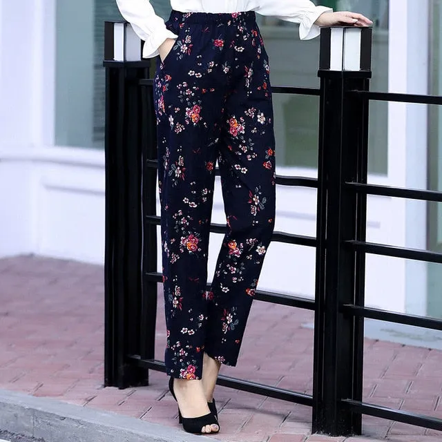 Women Floral Print Plaid Pants