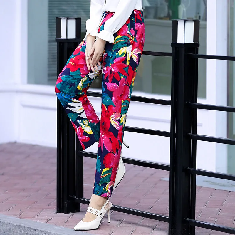 Women Floral Print Plaid Pants