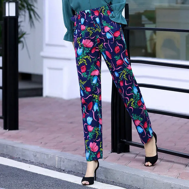 Women Floral Print Plaid Pants