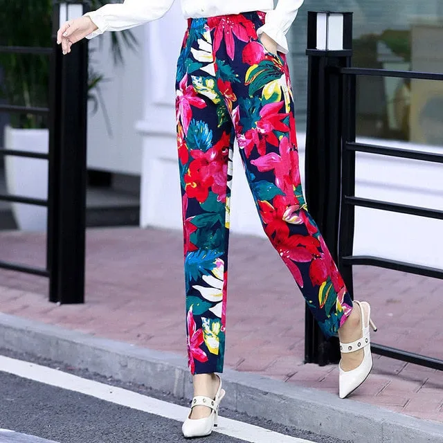 Women Floral Print Plaid Pants