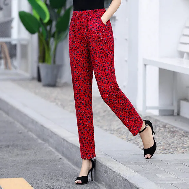 Women Floral Print Plaid Pants