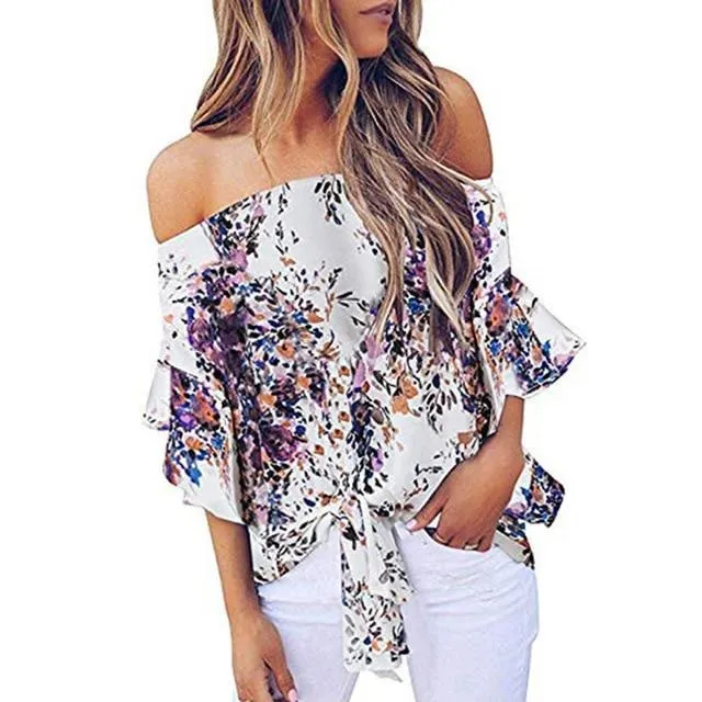 Women Floral Printing Off Shoulder Casual Blouse