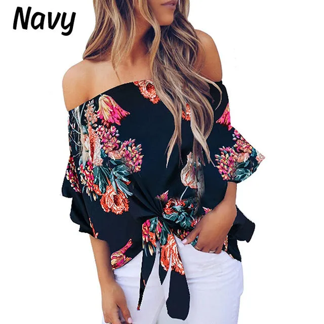 Women Floral Printing Off Shoulder Casual Blouse