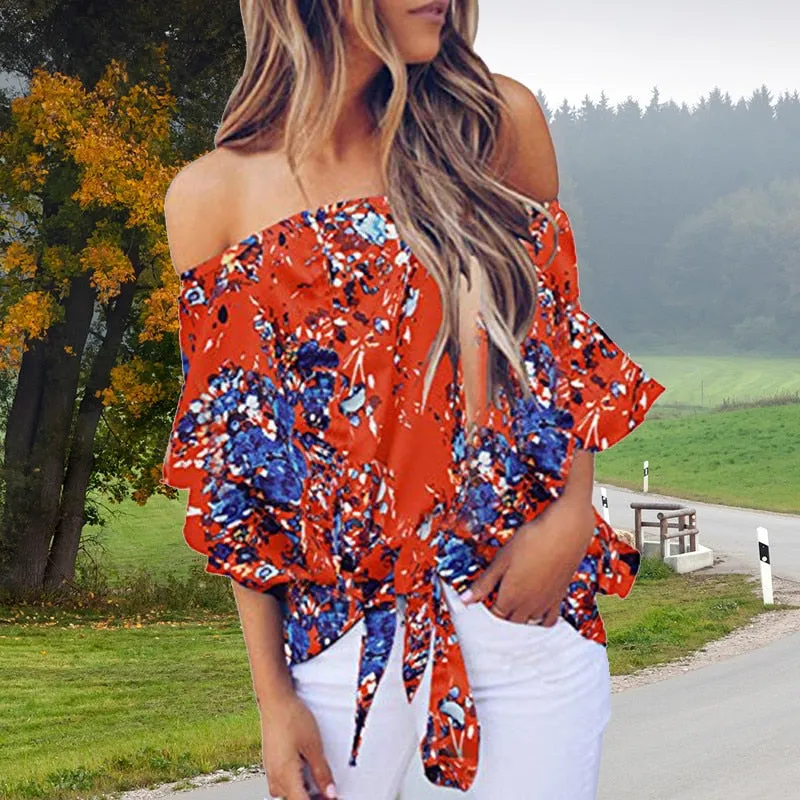 Women Floral Printing Off Shoulder Casual Blouse