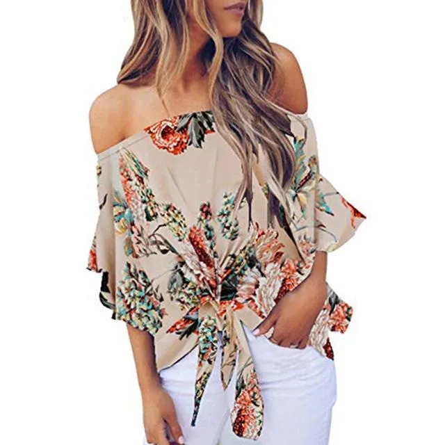 Women Floral Printing Off Shoulder Casual Blouse