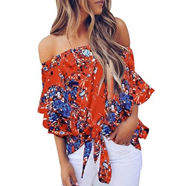 Women Floral Printing Off Shoulder Casual Blouse