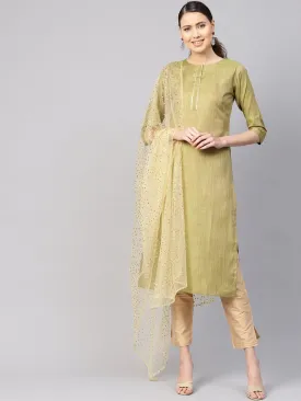 Women Green & Beige Solid Kurta With Trousers & Dupatta