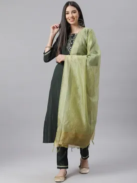 Women Green Striped Kurta With Trousers And Dupatta