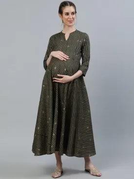 Women Grey & Off-White Printed Maternity Dress With Three Quarter Sleeves