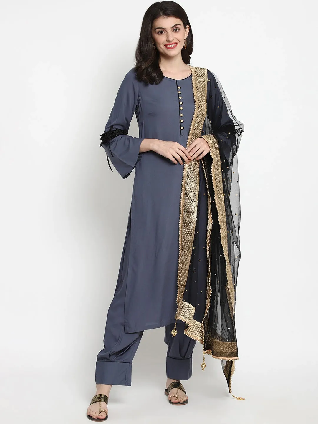 Women Grey Kurta With Trousers & Dupatta