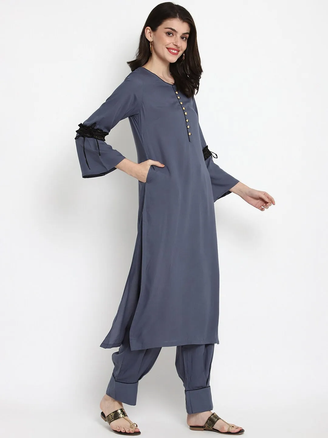 Women Grey Kurta With Trousers & Dupatta