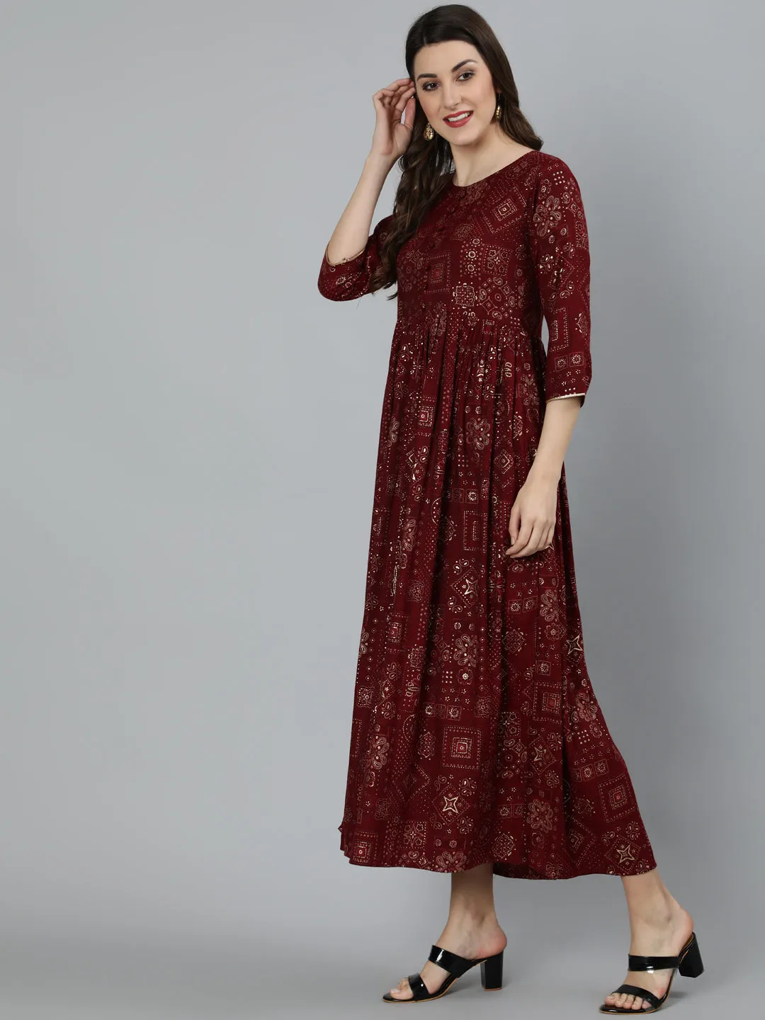 Women Maroon Ethnic Motif Printed Dress With Three Quarter Sleeves