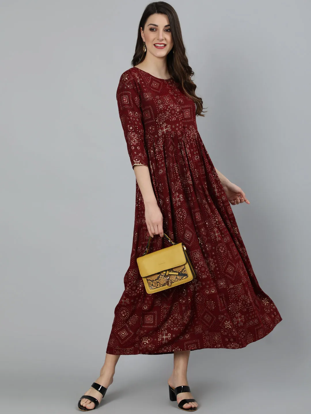 Women Maroon Ethnic Motif Printed Dress With Three Quarter Sleeves