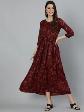 Women Maroon Ethnic Motif Printed Dress With Three Quarter Sleeves