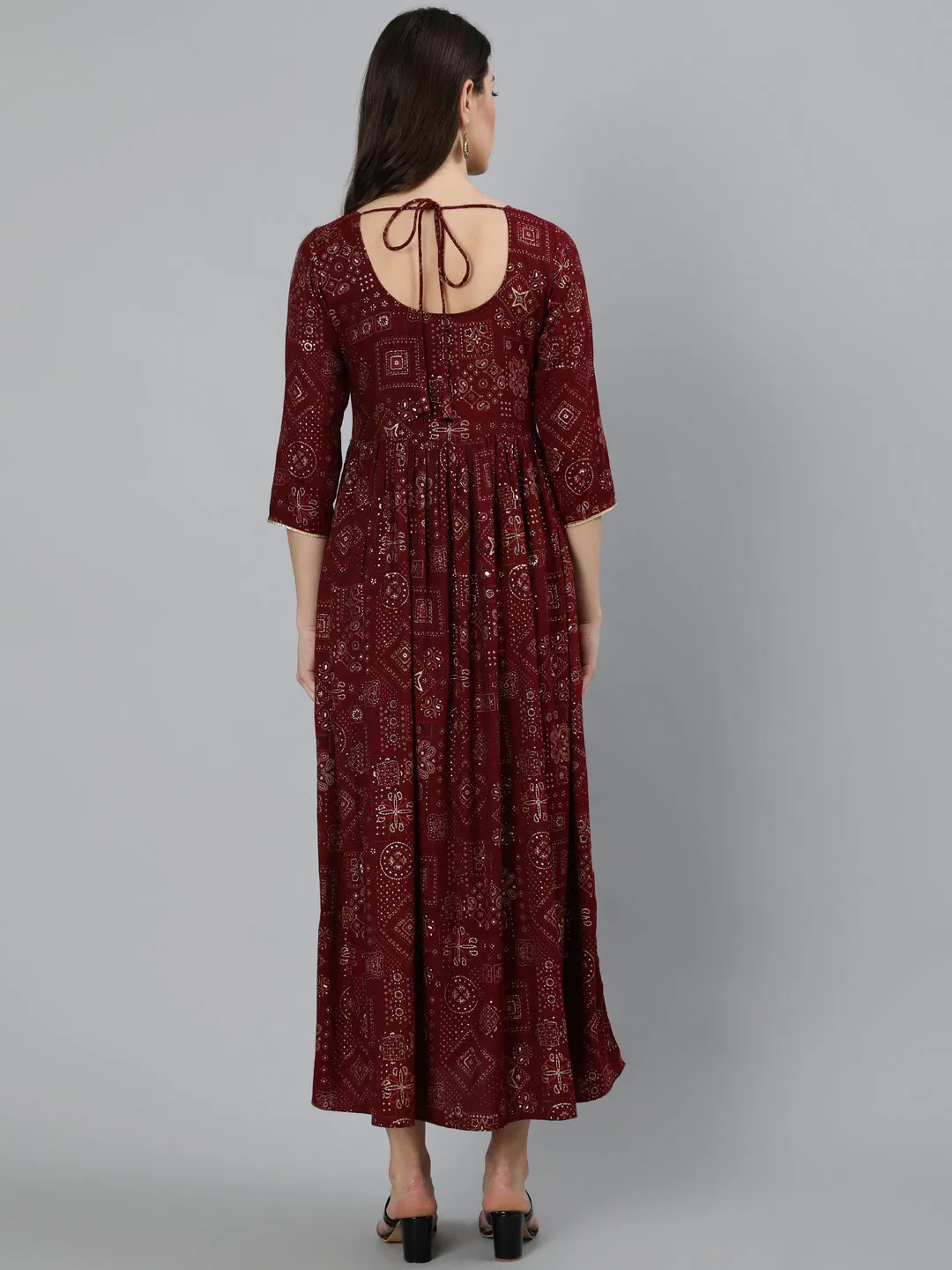 Women Maroon Ethnic Motif Printed Dress With Three Quarter Sleeves