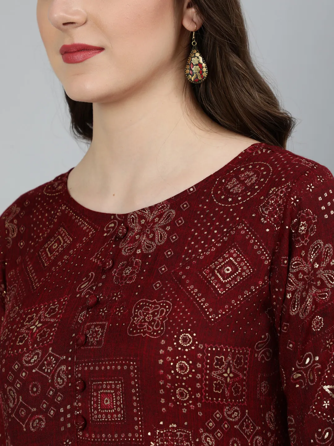 Women Maroon Ethnic Motif Printed Dress With Three Quarter Sleeves