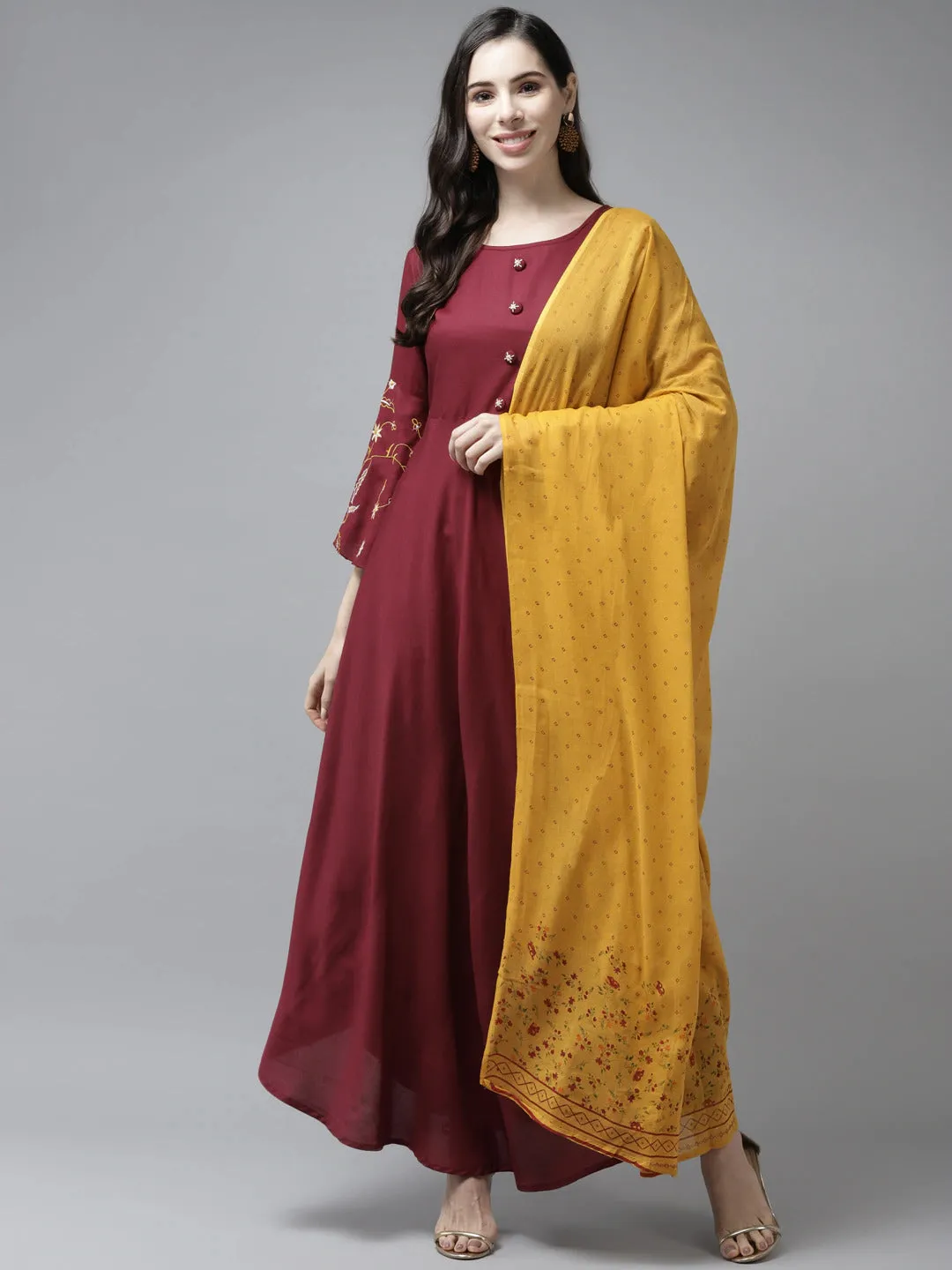 Women Maroon Solid Rayon Maxi Dress Wirh Dupatta