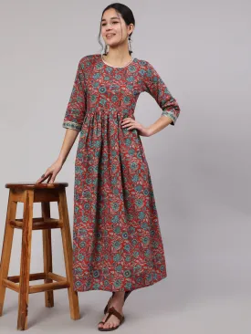 Women Multi Printed Flared Dress With Three Quarter Sleeves