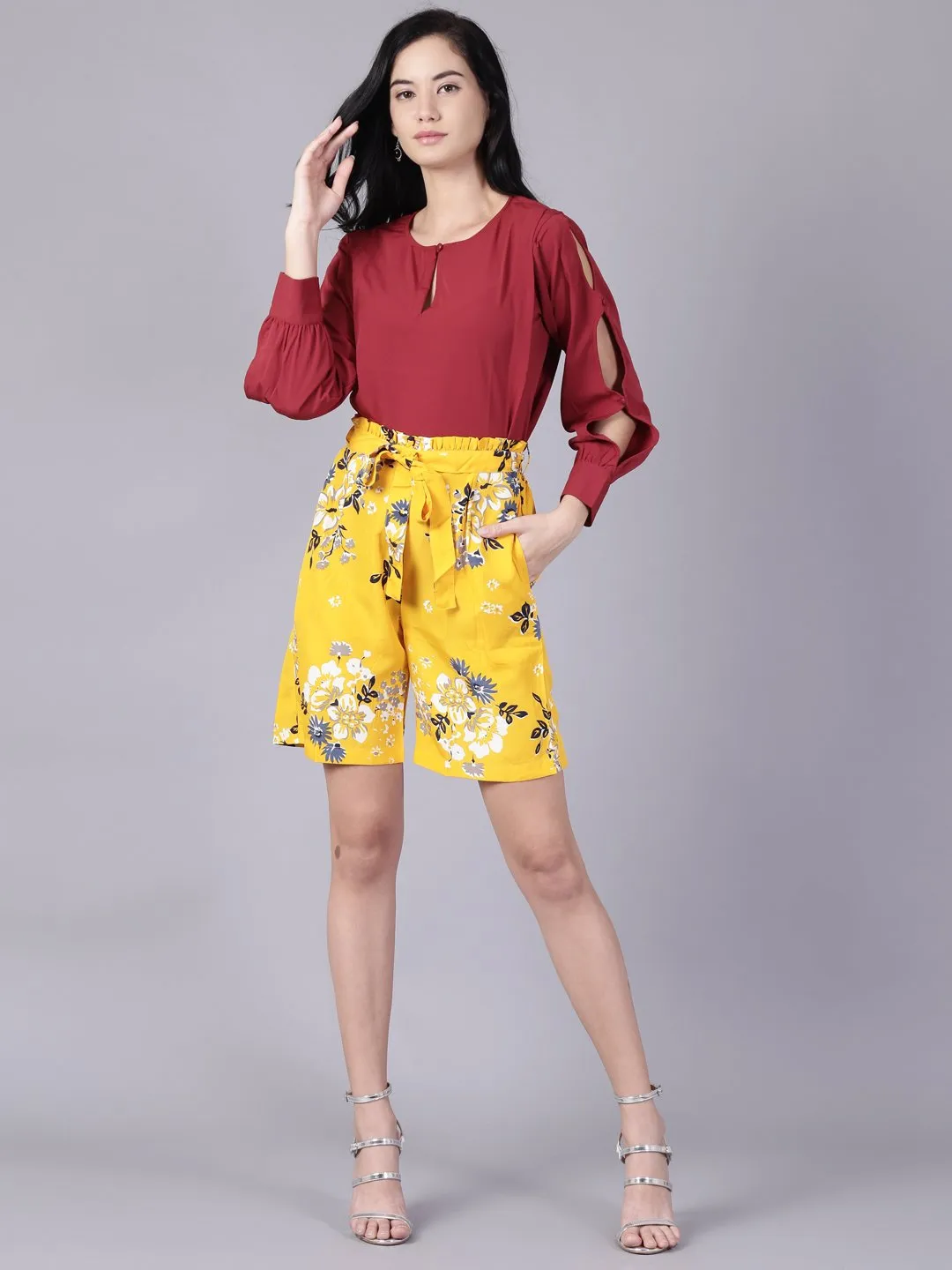 Women Mustard Yellowslip-On Printed  Polyester Shorts