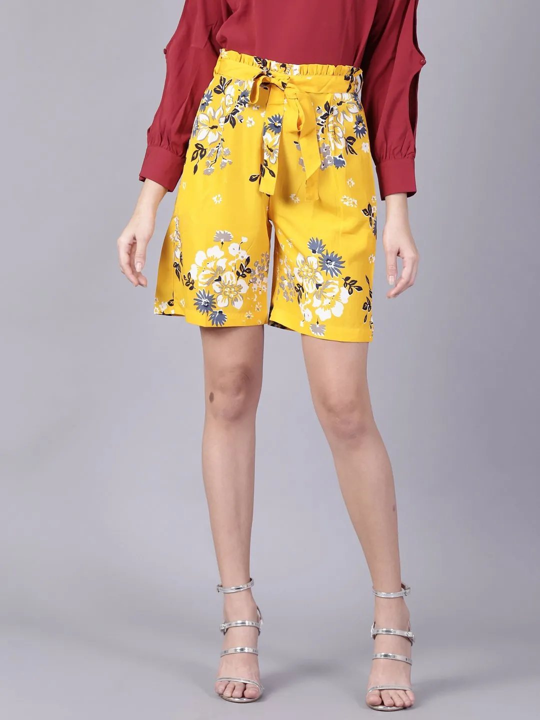 Women Mustard Yellowslip-On Printed  Polyester Shorts