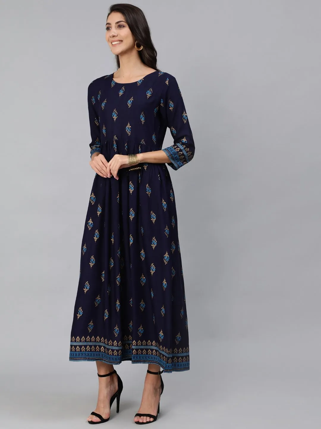 Women Navy Blue & Gold Printed Maxi Dress With Three Quarter Sleeves