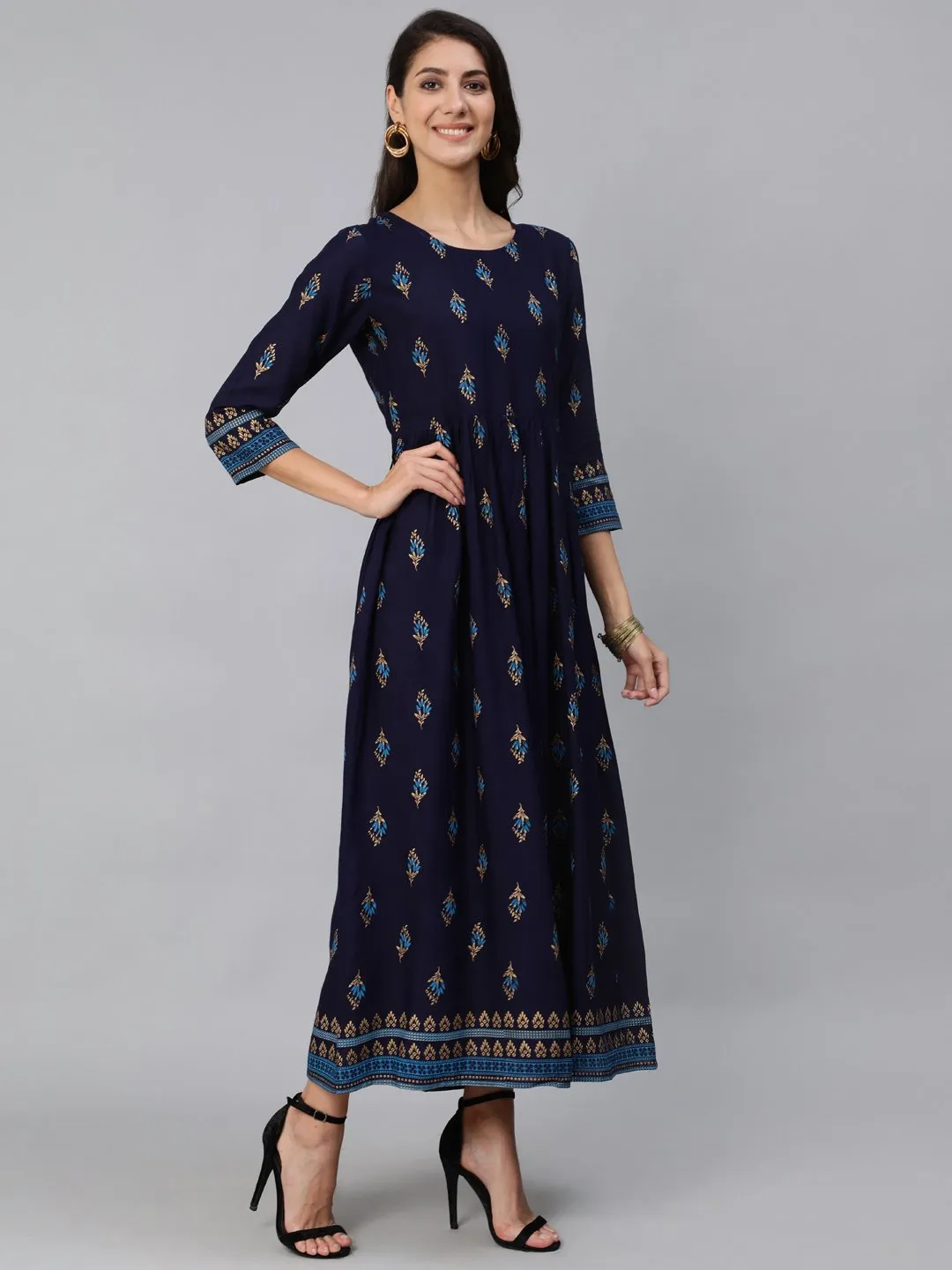 Women Navy Blue & Gold Printed Maxi Dress With Three Quarter Sleeves