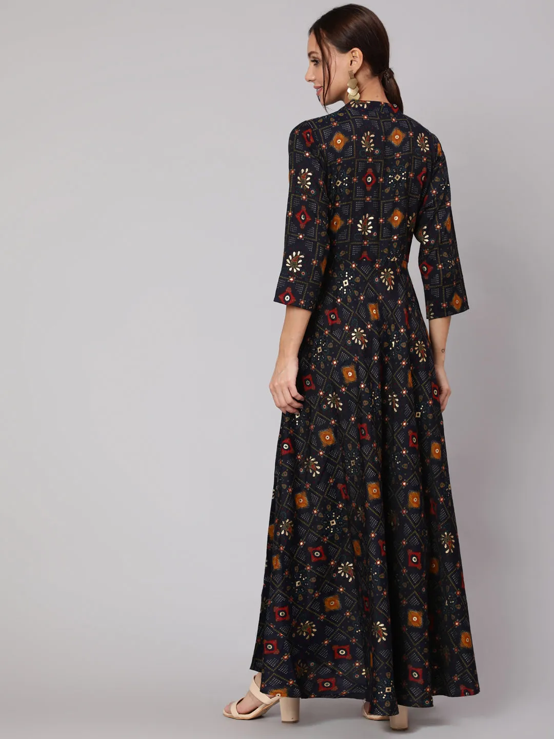 Women Navy Blue Ethnic Printed Gathered Dress With Three Quarter Sleeves