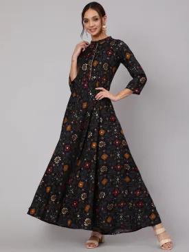 Women Navy Blue Ethnic Printed Gathered Dress With Three Quarter Sleeves