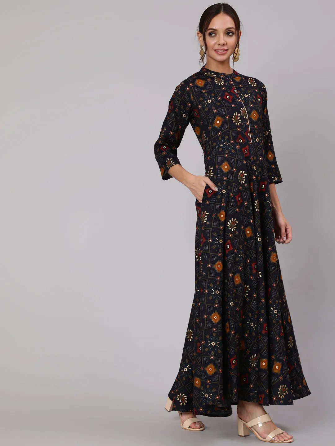 Women Navy Blue Ethnic Printed Gathered Dress With Three Quarter Sleeves