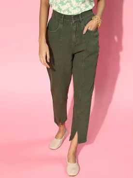 Women Olive Green Front Slit Jeans