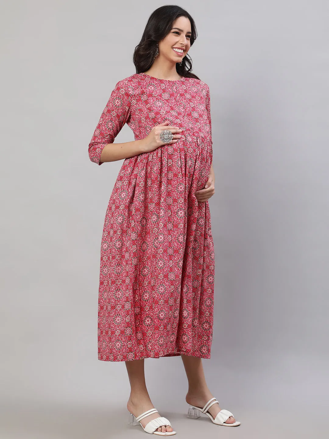 Women Pink Printed Flared Maternity Dress