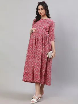 Women Pink Printed Flared Maternity Dress