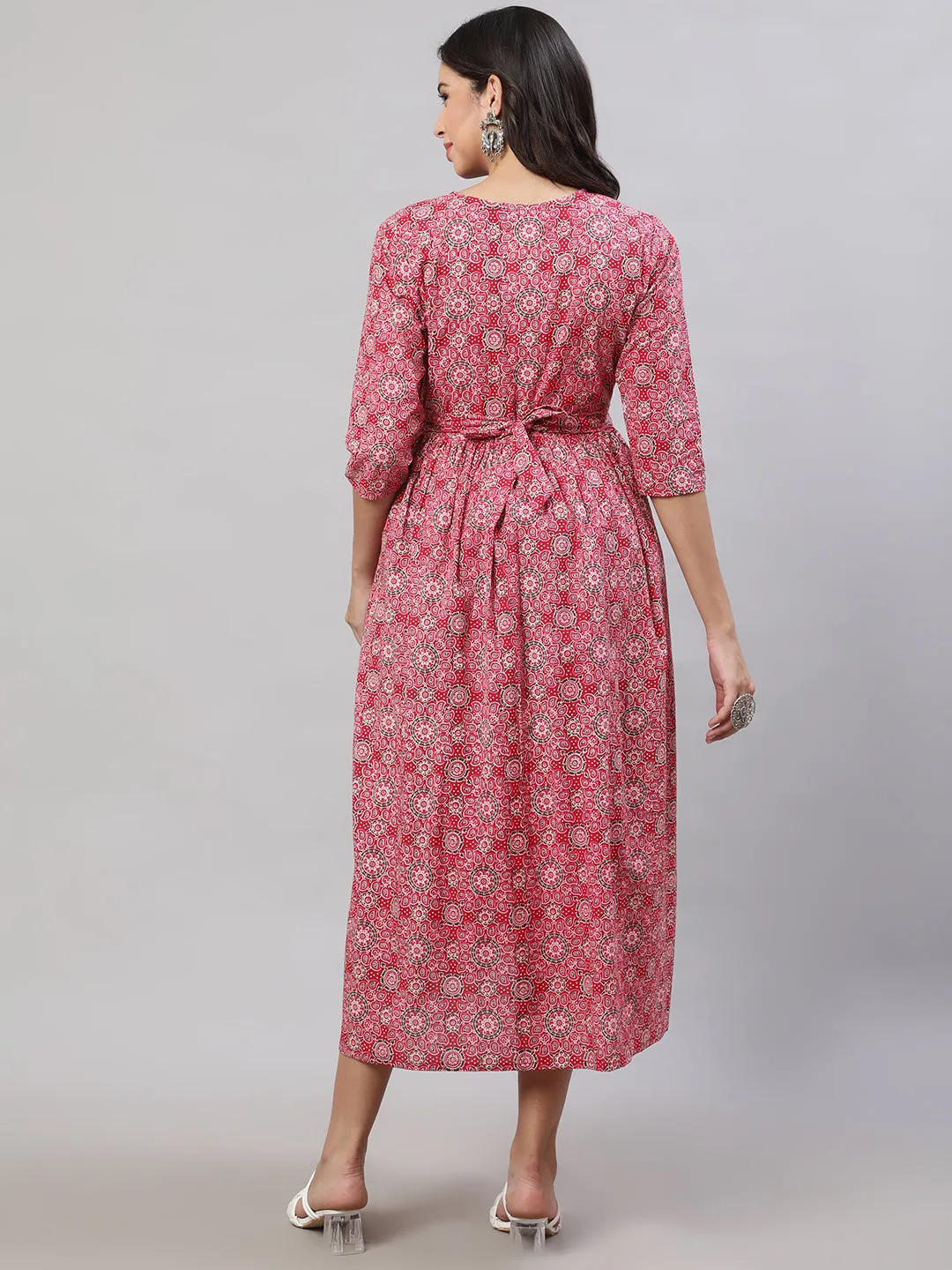 Women Pink Printed Flared Maternity Dress