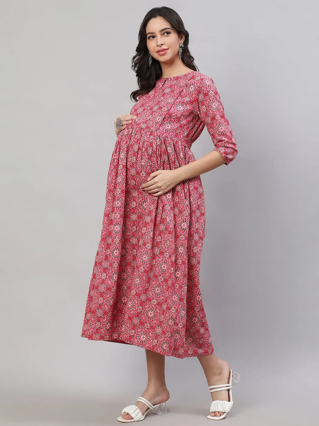 Women Pink Printed Flared Maternity Dress