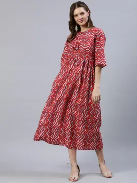 Women Red Zig-Zac Printed Dress With Three Quarter Sleeves