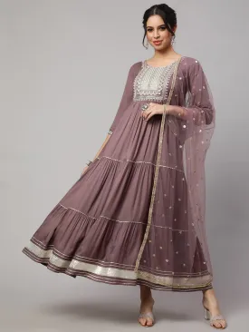 Women Taupe Embroidered Flared Dress With Net Dupatta