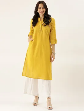 Women'S Yellow Solid Straight Roll Up Sleeve Kurti