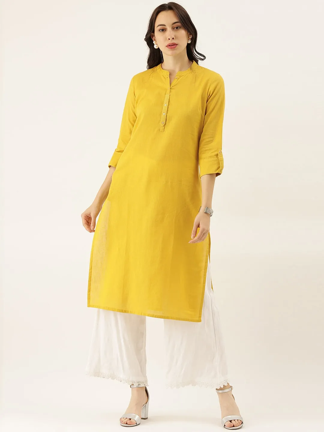 Women'S Yellow Solid Straight Roll Up Sleeve Kurti