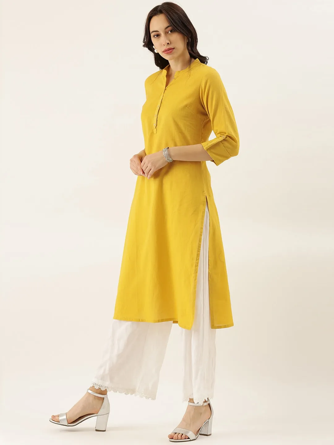 Women'S Yellow Solid Straight Roll Up Sleeve Kurti