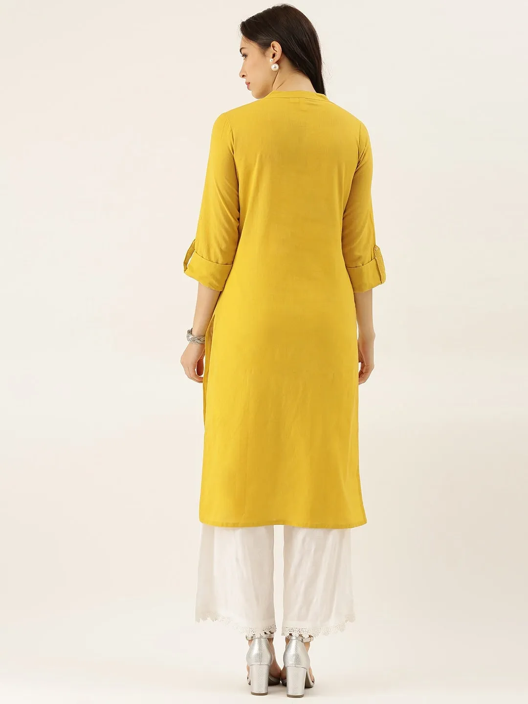 Women'S Yellow Solid Straight Roll Up Sleeve Kurti