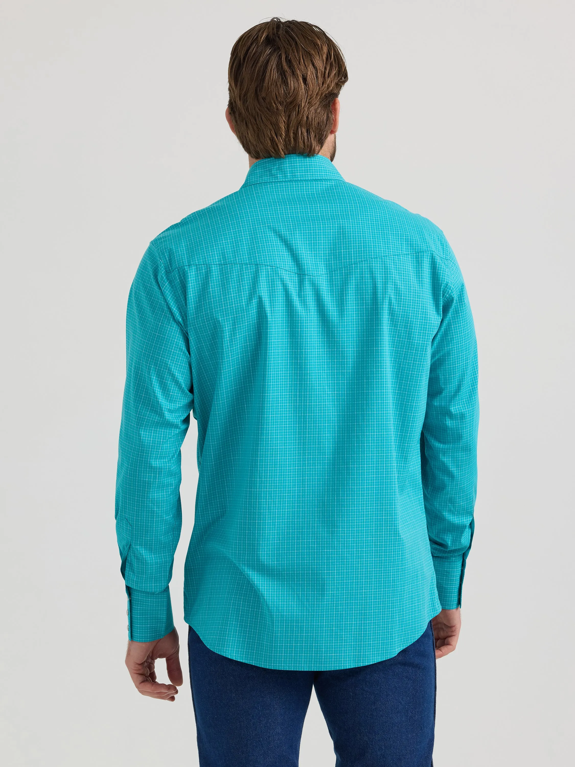 Wrangler Wrinkle Resist Teal Check Western Snap Shirt for Men