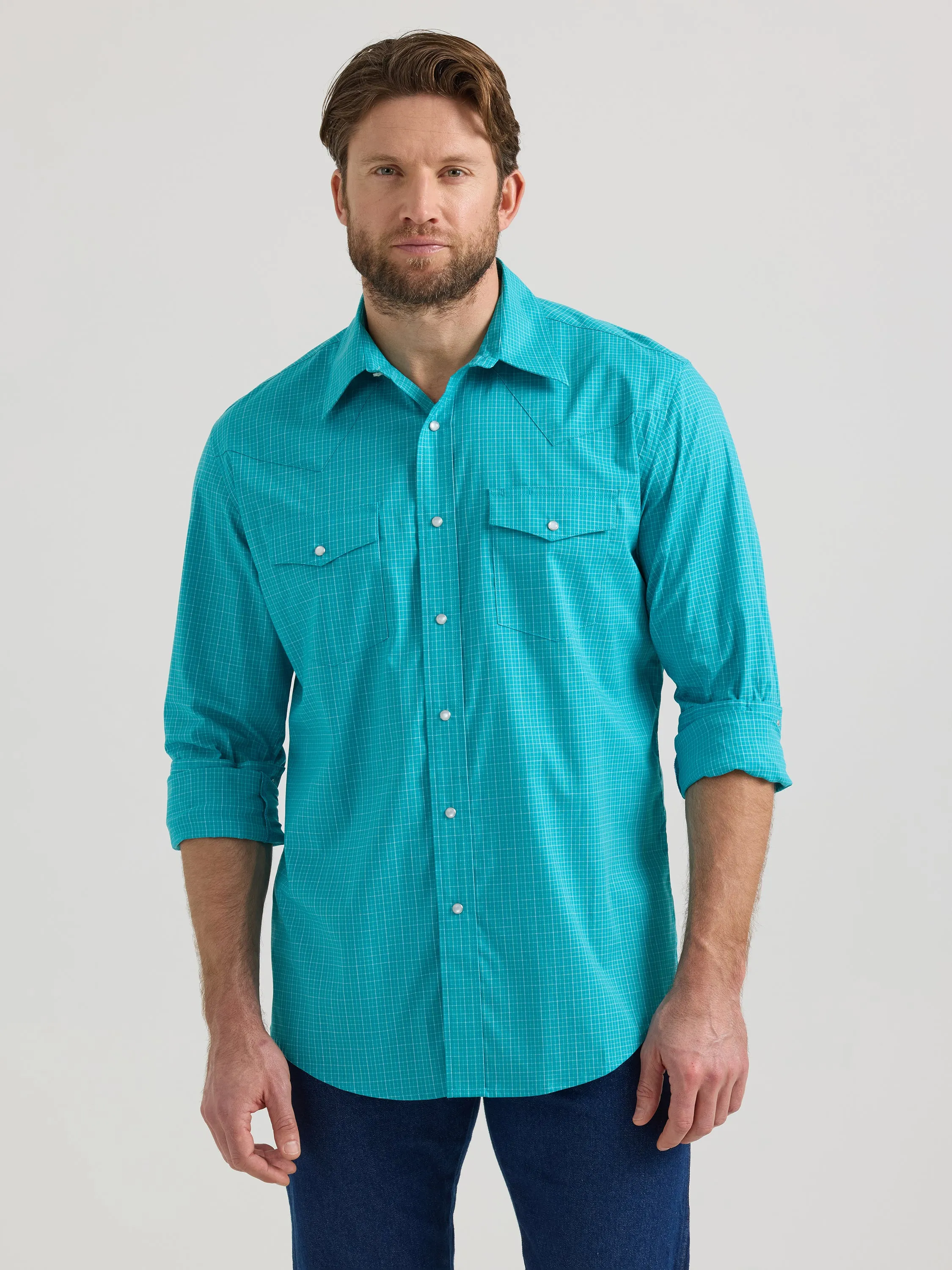 Wrangler Wrinkle Resist Teal Check Western Snap Shirt for Men