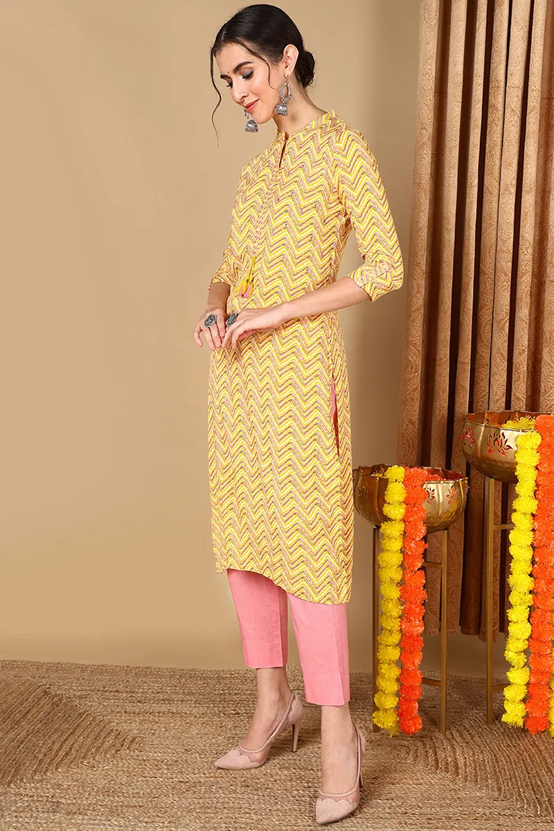 Yellow Cotton Chevron Printed Straight Kurta