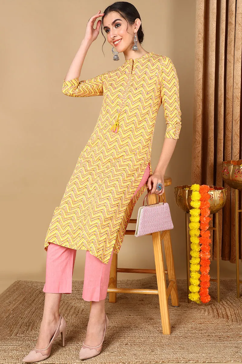 Yellow Cotton Chevron Printed Straight Kurta