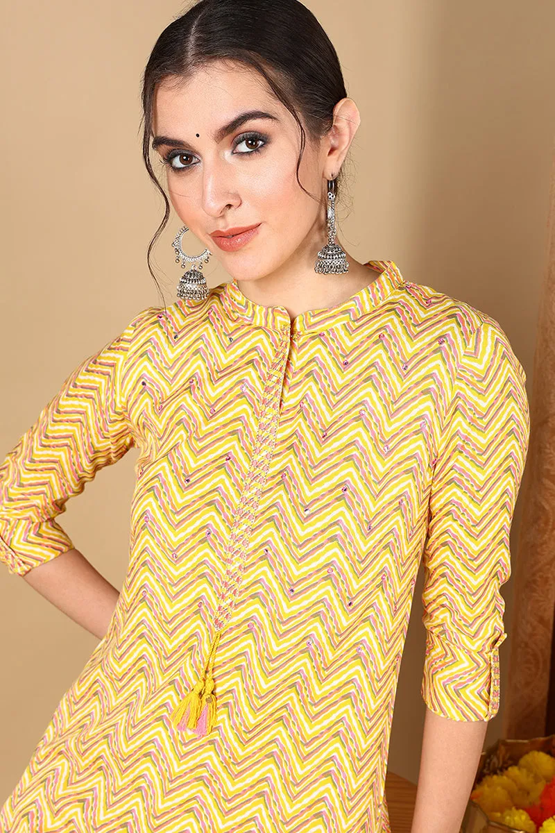 Yellow Cotton Chevron Printed Straight Kurta